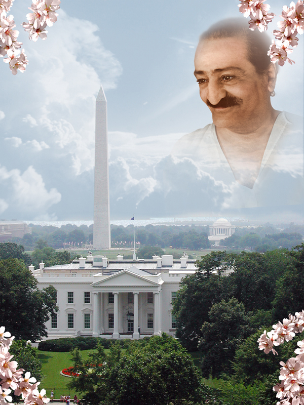Baba's smiling face looking down from the sky upon Washington DC Capital building